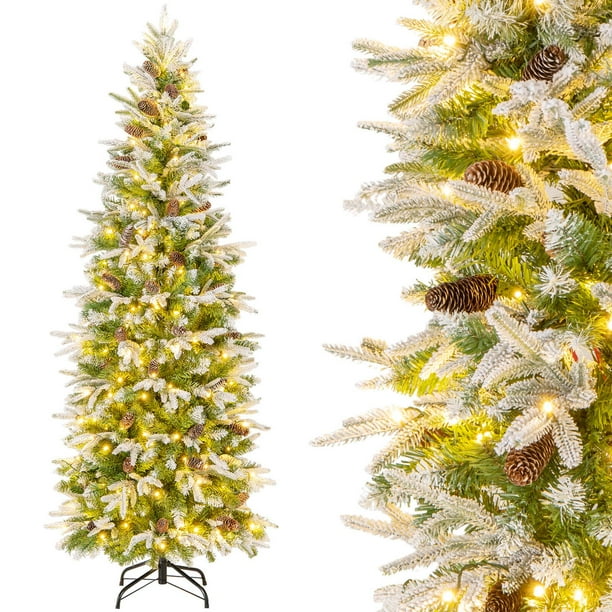 Costway Árbol de Navidad flocado de 180 cm con 671 puntas de ramas de PVC PE y 280 luces LED de color blanco cálido