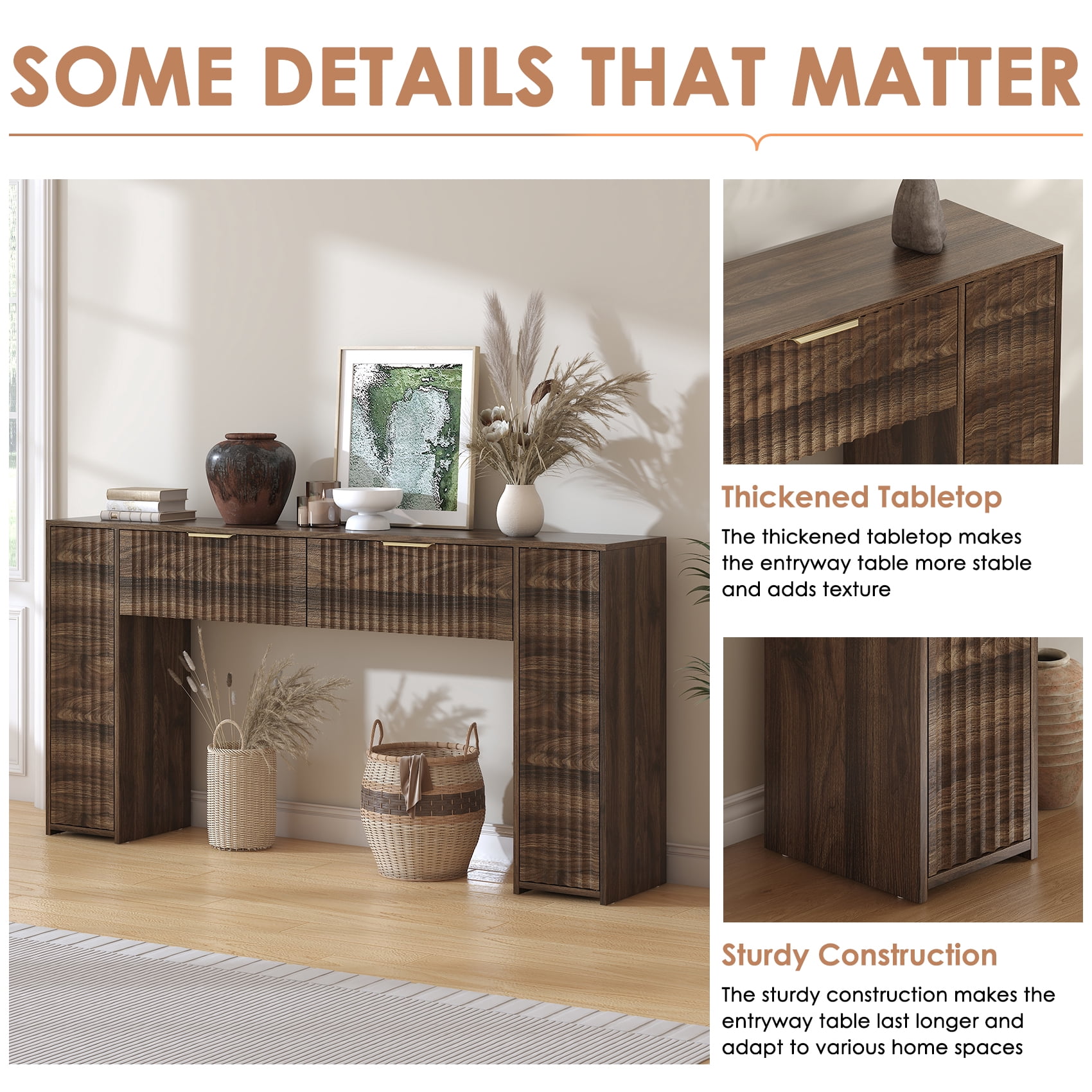 Winkalon 63" Fluted Console Table for Entryway, Modern Entryway Table with 2 Large Drawers, Long Sofa Table Behind Couch for Living Room, Hallway, Couch, Foyer,Brown