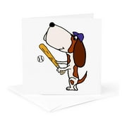 3dRose, Cute Funny Basset Hound Playing baseball or Softball Cartoon, 1 Greeting Card with envelope