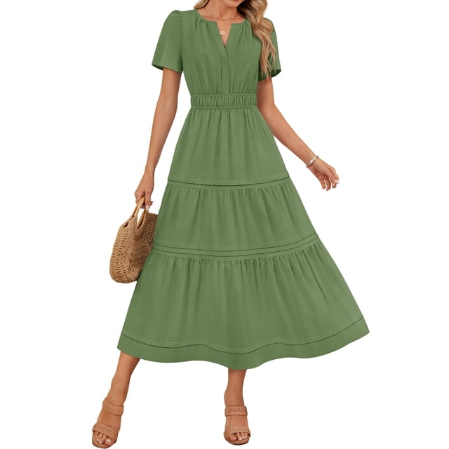 Vestido midi ZESICA 2025 casual de verano con manga corta y cuello en V