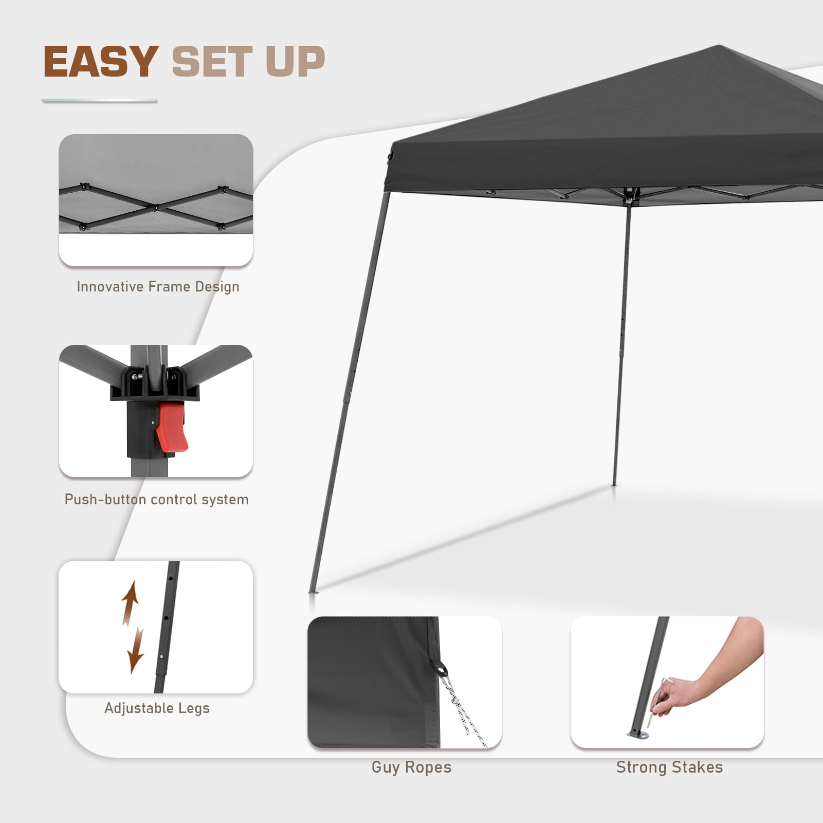 EAGLE PEAK 10x10ft Slant Leg Easy Setup Pop Up Canopy Tent with Mosquito Netting 64 sqft of Shade, Gray