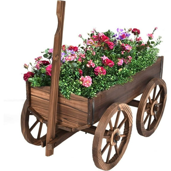 Bilot Wood Wagon Flower Planter Pot Stand W/Wheels Home Garden Outdoor Decor
