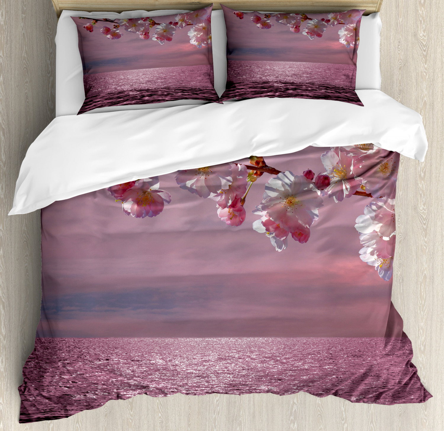 Japanese Duvet Cover Set, Cherry Tree Branch with Blossoming Flowers