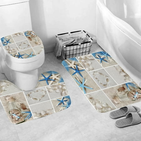 3Pcs Starfish Seashell Beach Theme Bath Rugs Set,Bath Rug Mat + Contour Mat + Toilet Seat Cover, Super Soft Rugs