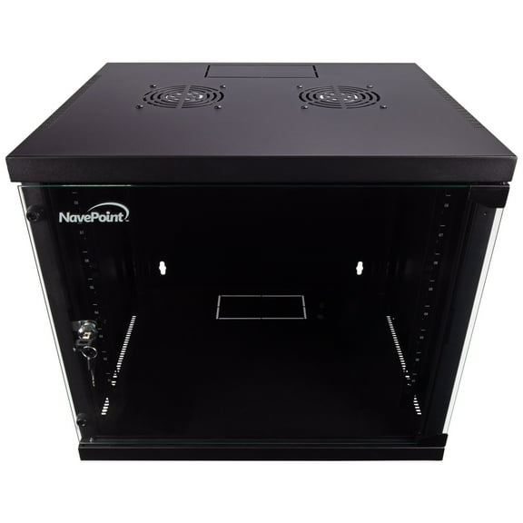 NavePoint 9U Wall Mount Network Cabinet for 19” IT Equipment with Lockable Glass Door & Removable Side Panels, 2 Fans, 17.7” Deep, Pre-Assembled