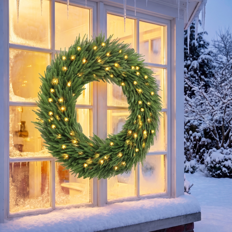 Alvantor Christmas Wreath Pre-Lit Norfolk Pine with 100 LED Lights 48"x48"x7.9" Green