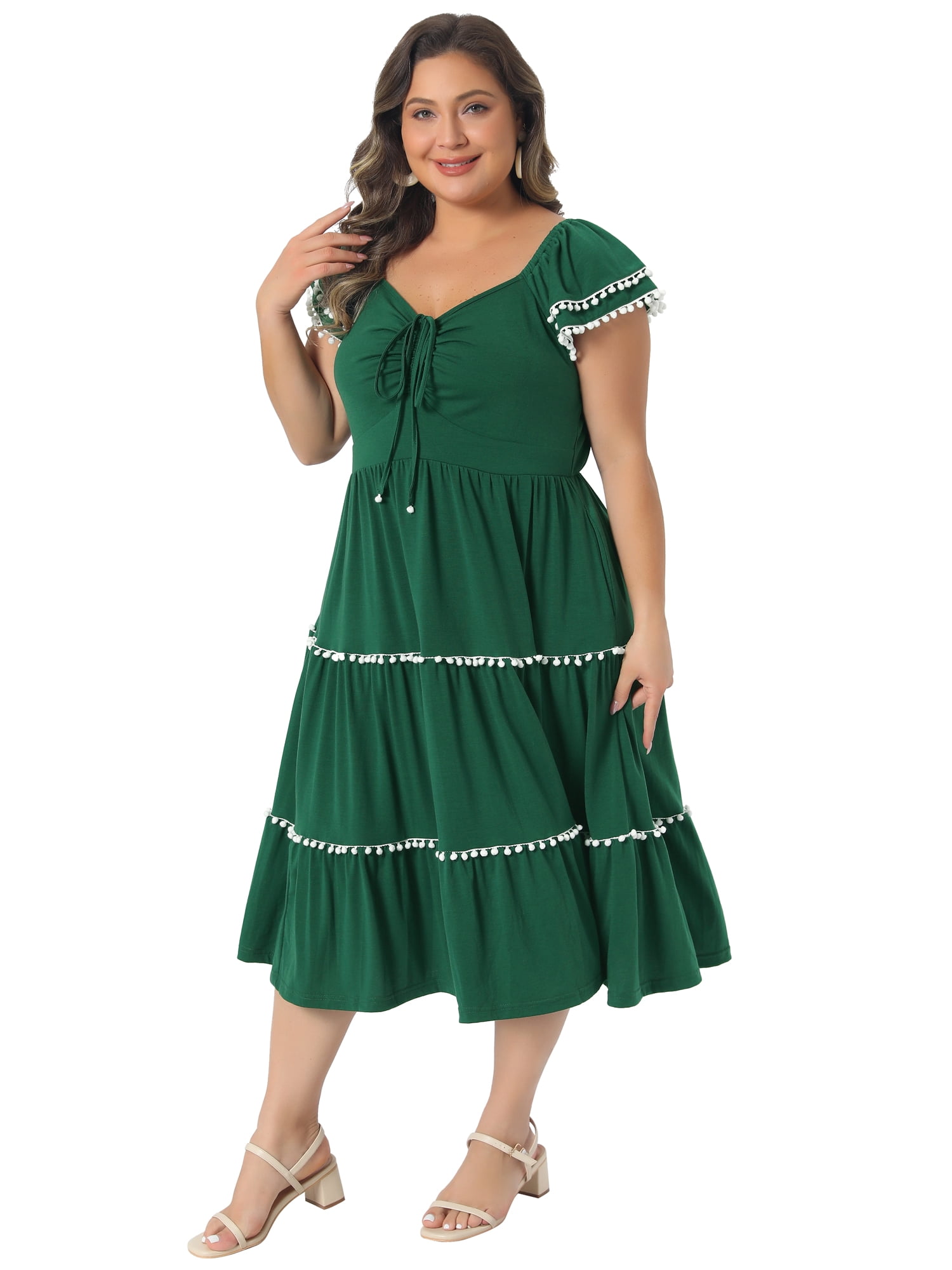 DARING DIVA Women's Plus Women's Boho Dress Ruffled Sweetheart Neck 2X Dark Green