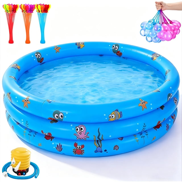 Alberca Inflable, Mini Piscina Redonda con Bomba de Pie y Globos de Agua, para Piscina Hinchable Familiar En El Patio Trasero