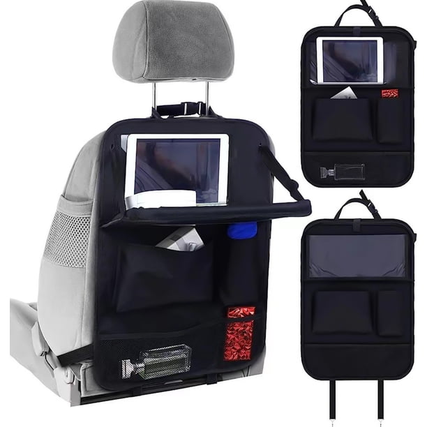 Organizador de cuero para asiento de coche con bolsillo para tableta, 4 compartimentos, protección antipatadas, ajuste universal para vehículos, 42 x 30 cm