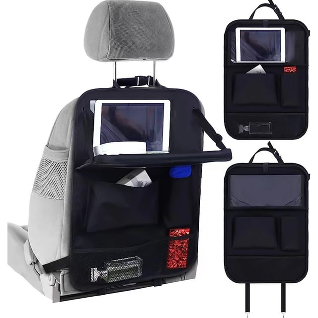 Car Back Seat Organizer with Foldable Tray Table, Leather Kick Mat and Tablet Holder, Multi Pocket Car Storage for and Travel