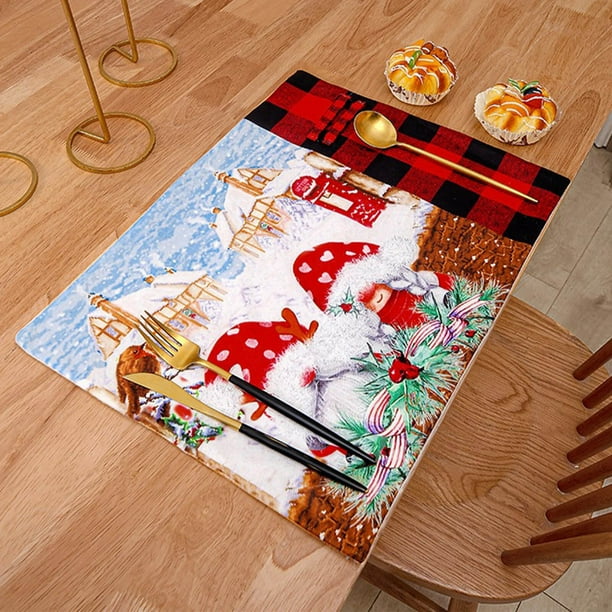 Mantel individual navideño a cuadros rojos, decoración de mesa de 35 x 45 cm, mantel de tela suave con estampado de Papá Noel | Decoración festiva para cocina, comedor y hogar, ideal para Navidad y