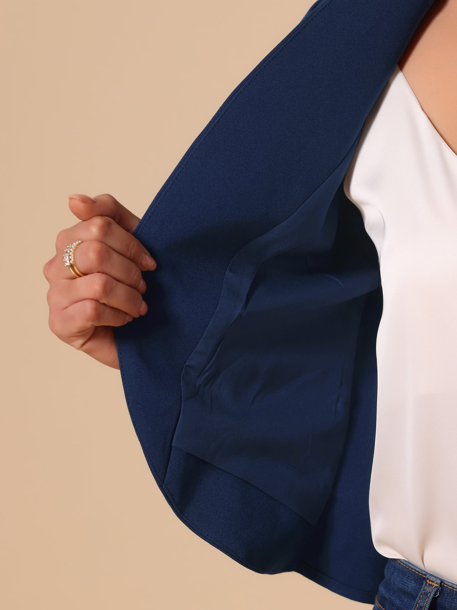 DARING DIVA Women's Business Blazer 3/4 Sleeve Collarless Cardigan L Dark Blue