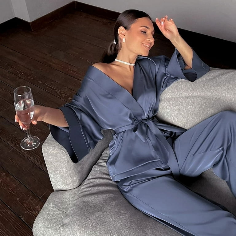 DUWMCON Long Sleeve Satin Pajama Sets for Women Button Down Soft