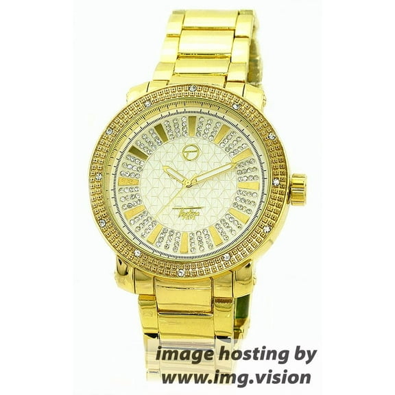 Men’s Gold-Tone CZ Clubbing Watch – 50mm Case, 15mm Thick, Gold Dial, Metal Link Bracelet