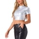 thumbnail image 4 of INSPIRAR CHIC Blusas Cortas de Manga Corta con Cuello Alto Metálicas para Mujeres XL Plata Brillante, 4 of 6