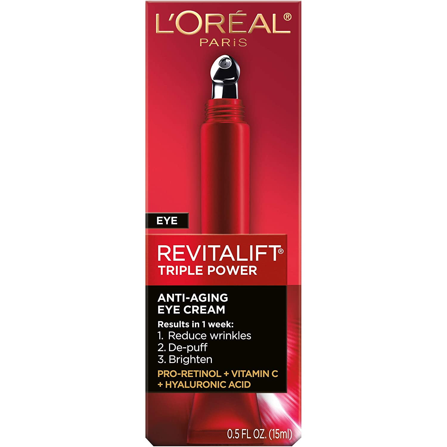 L'Oreal Paris Skincare Revitalift Triple Power Anti-Aging Eye Cream, Under Eye Treatment, with Pro Retinol, Hyaluronic Acid & Vitamin C to reduce wrinkles, de-puff and brighten skin, 0.5 fl. oz.