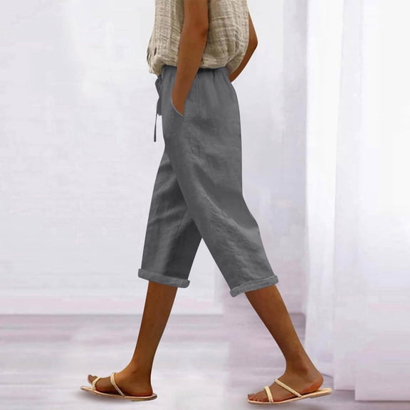 Women's 2026 Summer Cotton Linen Capris Elastic Drawstring High Waist Loose Casual Cropped Beach Pants Gray S