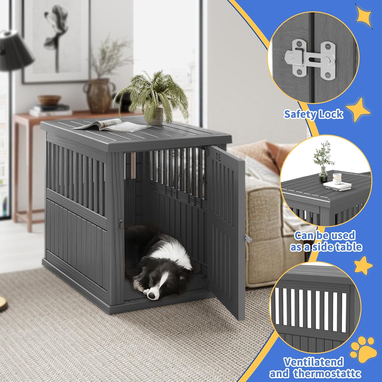 Dog House Resin Dog Kennel Furniture Weatherproof Functional End Table for Indoor Living Spaces & Outdoor Patios(Black, Large (39.37 * 28.35 * 32.83))