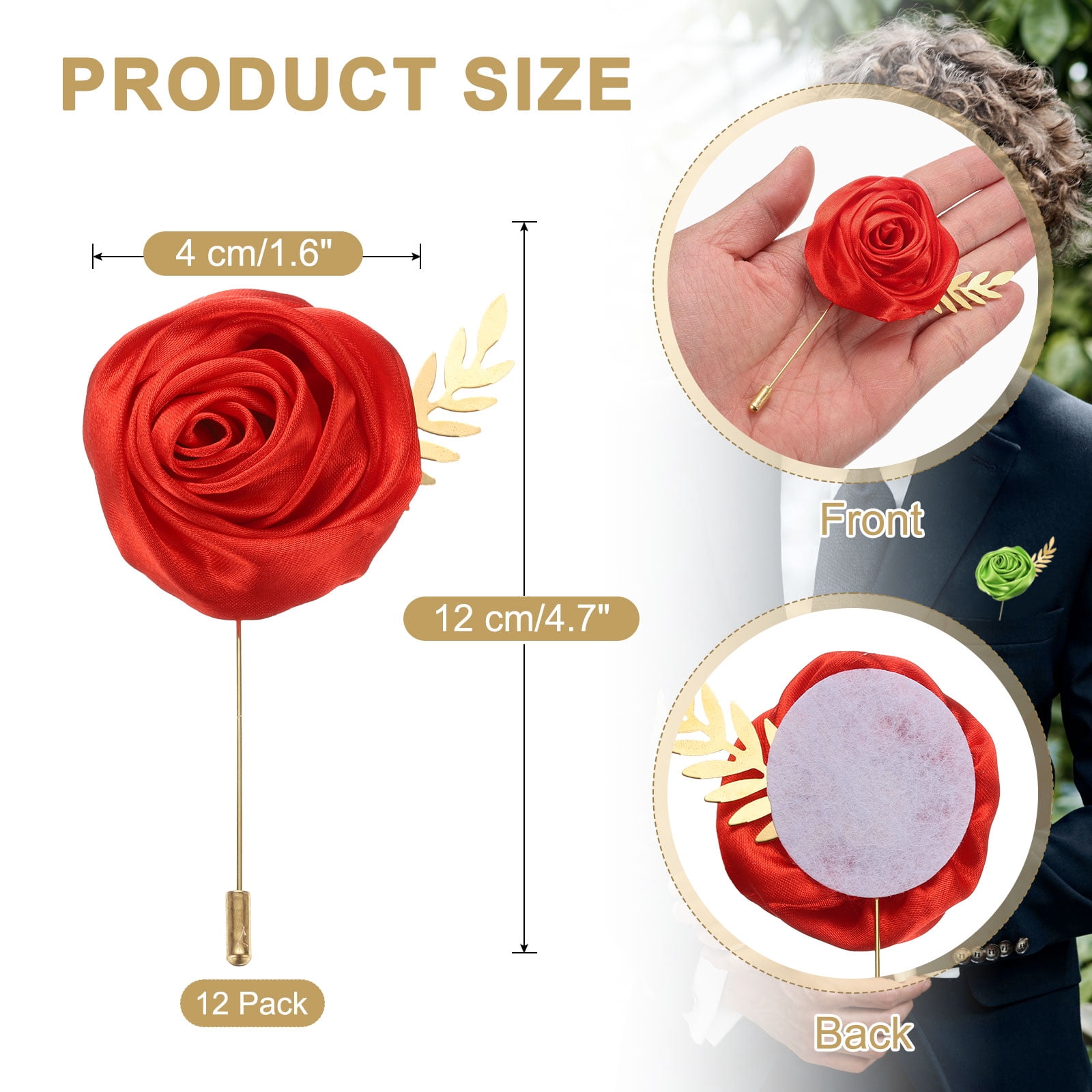 Unique Bargains 12Pcs Rose Boutonnieres Flower Buttonholes Pocket Pins Red 4.7" x 2"