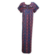 Mogul Womens Evening Caftans Dress Blue Neck Embroidered Cotton Hippie Maxi Nightgown