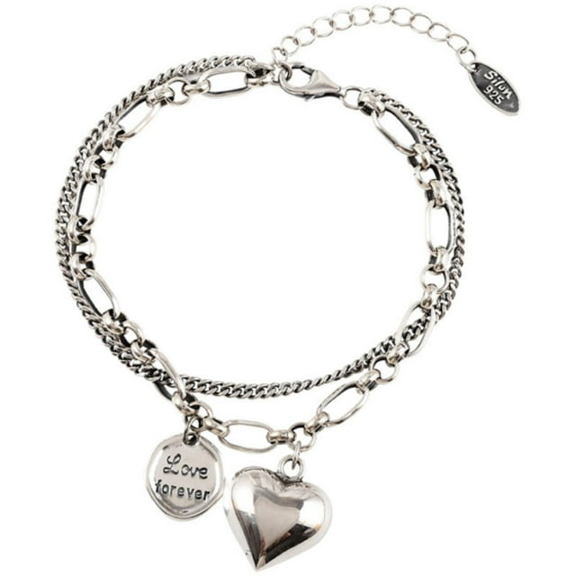 Corazón Pieza Redonda Doble Capa Novias 925 Plata Pulsera Diseño Femenino Sentido Personalidad Vintage Cadena Regalo