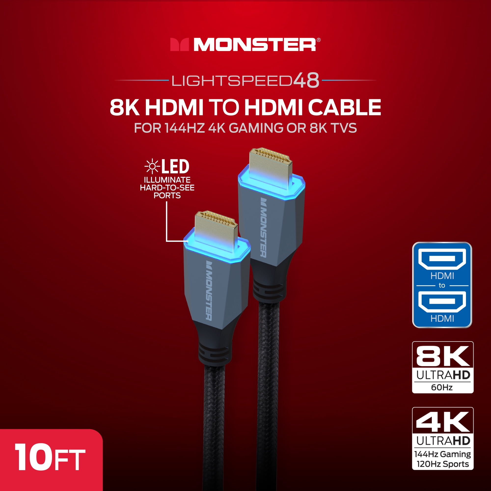 Monster 8K HDMI Cable 2 Pack 10 ft, Ultra High Speed HDMI 2.1 Cords with LED Illuminated Connectors, 48Gbps, 8K 60Hz & 4K 144Hz Gaming, HDR, Compatible with PS5, Xbox Series X, TVs, Monitors
