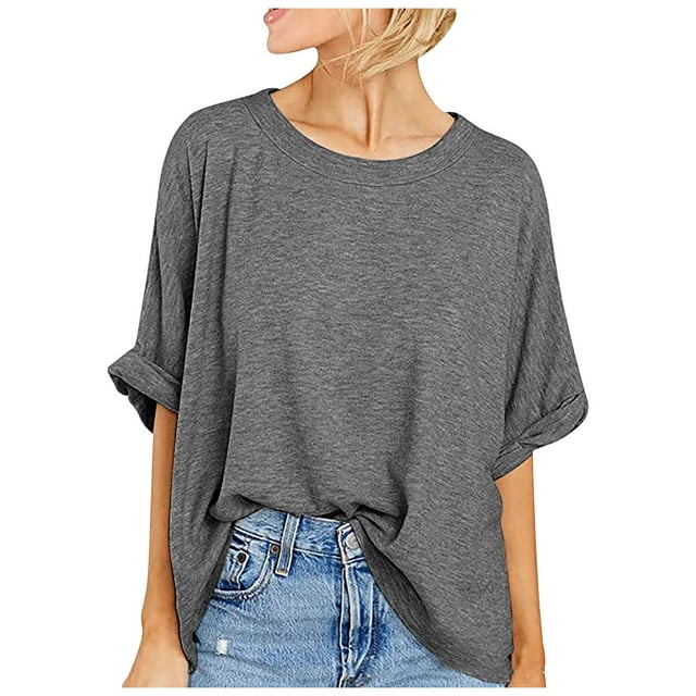 Timegard Hauts pour Femmes Col Rond Manches Courtes Épaules Tombantes Couleur Unie Hauts Confortables T-Shirts Basiques