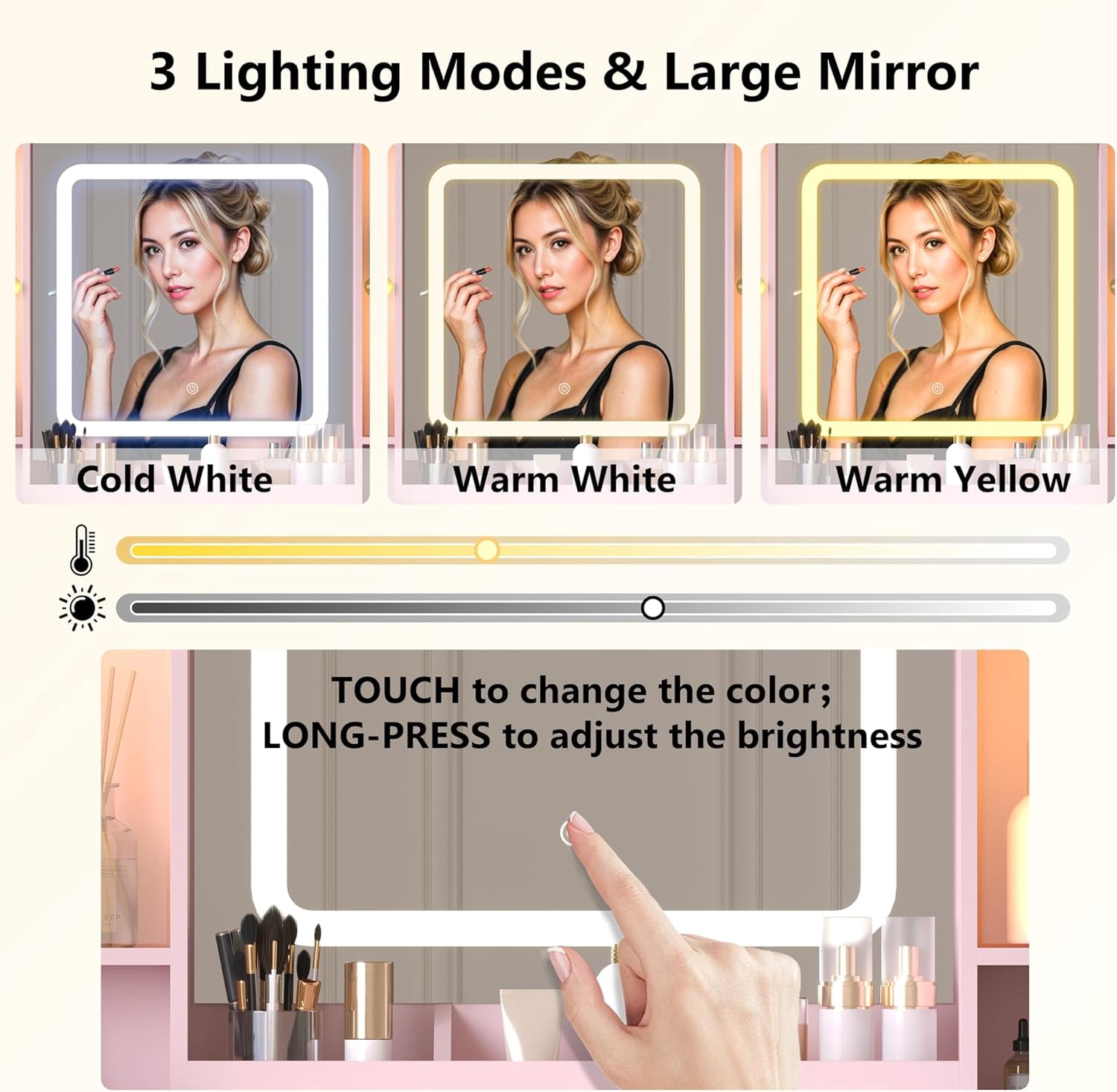 FANRAL Large Vanity Desk with LED Lighted Mirror & RGB Glass Cabinets,Built-in Charging Station & 7 Drawers,Modern Dressing Table for Bedroom Beauty Spaces,Pink Vanity