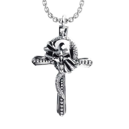 Sterling Silver Cross Necklace with Skull