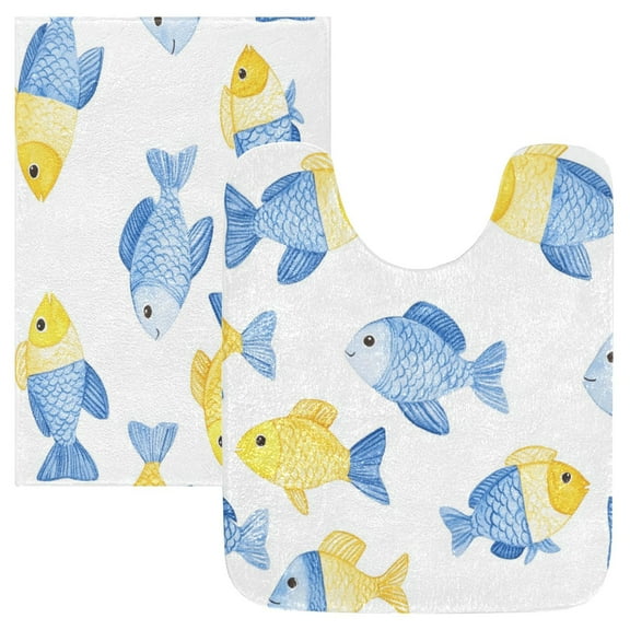 2 Piece Soft Bathroom Rug Set Watercolor Blue and Yellow Fish Bath Mat and U-Shaped Toilet Contour Rug (16"x24" 20"x24")