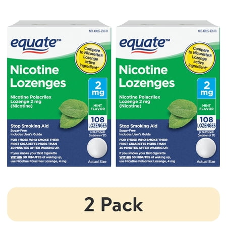 (2 pack) Equate Nicotine Polacrilex Lozenge 2 mg, Mint Flavor, Stop Smoking Aid, 108 Count, Compare to Nicorette® Lozenge Active Ingredient
