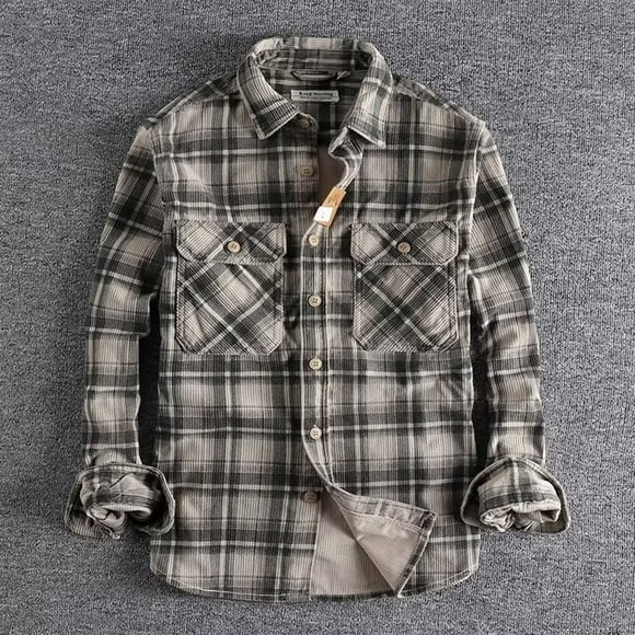 Styesk Mens Shirts Men Vintage Turndown Collar Button With Pockets Plaid Long Sleeved Shirt