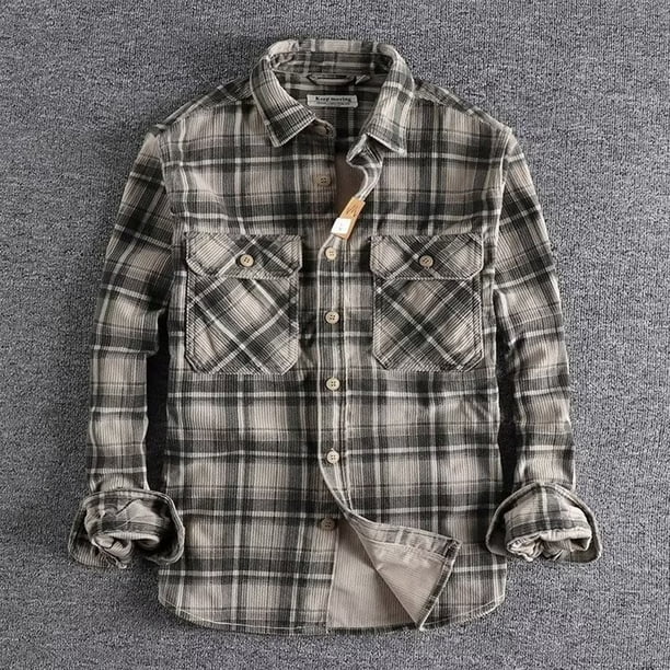 Blusa y camisa de manga larga con cuello vuelto para hombre, estilo vintage, con botones y bolsillos, a cuadros, de algodón.