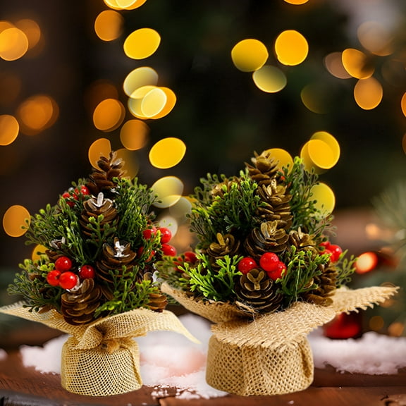 Mini Christmas Tree with Red Berries 5.12in Tabletop Holiday Decoration Pine Cone and Linen Base Tree Ornament for Christmas Desk Fireplace Windowsill Display