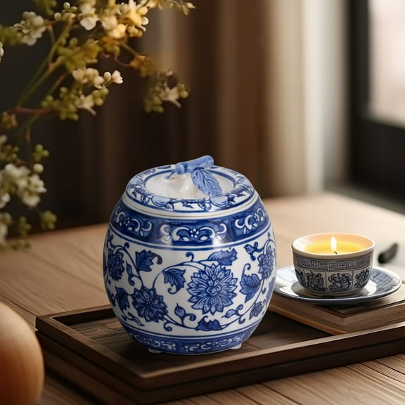 Sagebrook Home 8 Oz Ceramic Peony Chinoiserie Lidded Candle, Blue/White