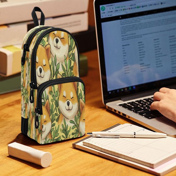 Backpack Pencil Case, 3 Compartment Large Capacity Oxford Fabric Pencil Pouch / Sleepy Shiba Buddies