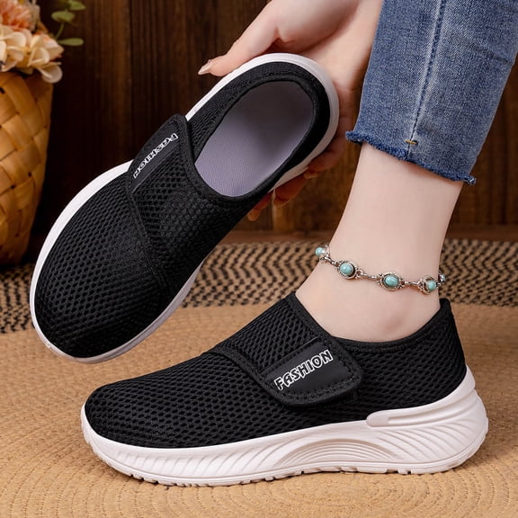 Aobny Walking Shoes Womens Shoes Mesh Shoes Flatform Easy Spirit Shoes Creepers Shoe Shock Absorption Black Flat Heel Round Toe Hook & Loop Womens Summer Shoes,Size 40