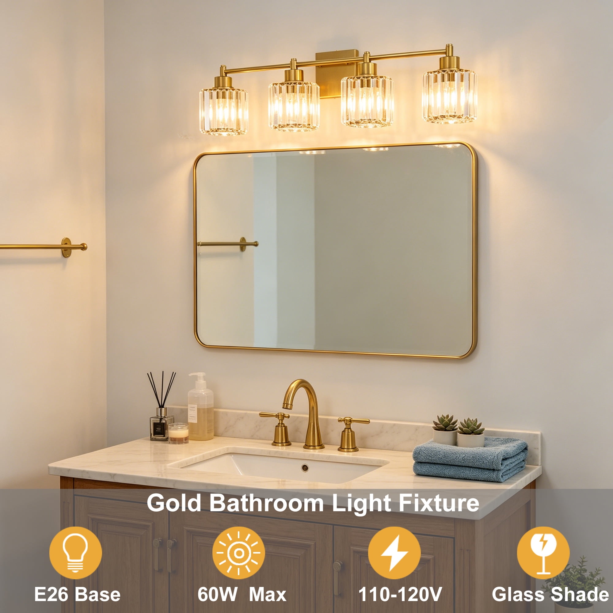Deyidn Modern 4-Light Bathroom Vanity Light with Crystal Shades, 31 Inch Gold Dimmable Light Fixture for Mirror