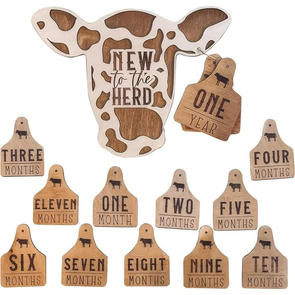 Monthly Milestone for Baby Boys Girls:12Packs Wooden Cattle Baby Milestone Signs,Newborn Monthly Milestone Markers,Baby Age Milestone Signs Photoshoot Props,Gifts for Baby Pregnant Women