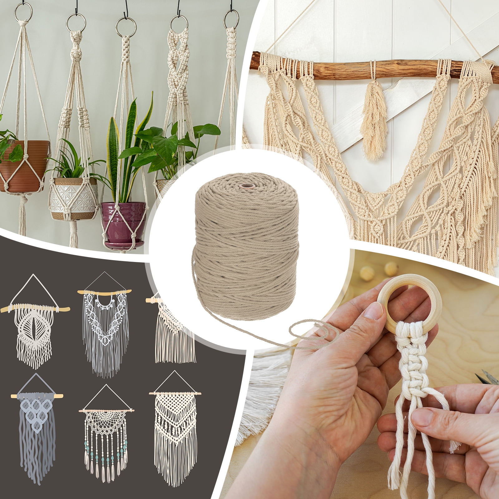 Uxcell Natural Macrame Cord 3mm x 328 Yards 4 Strand Twisted Cotton Macrame Rope for DIY Knitting Plant Wall Hanger Dreamcatcher, Beige Brown