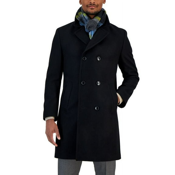 Nautica Mens Classic-Fit Double Breasted Wool Overcoat Coat 44 R Black