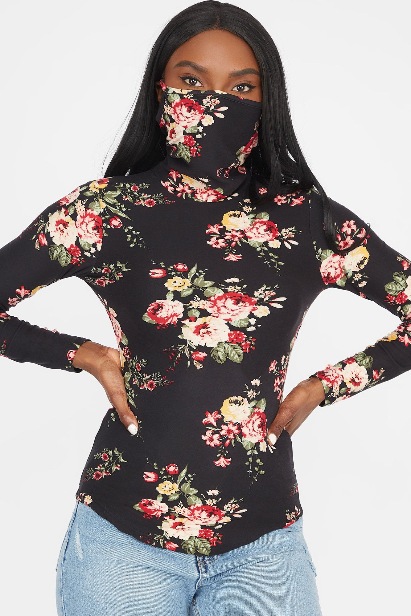 Urban Women's Floral Printed Turtleneck Mask Long Sleeve Top Walmart Canada