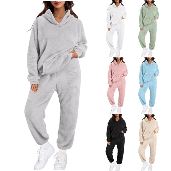 Women Winter Solid Color Clothing Hooded Long Sleeves Patch Pocket Casual Pants Home Two Piece Set