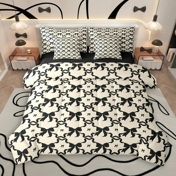 Manfei Cartoon Princess Bowknot 7-Piece Twin Bedding Sets for Teens, Kawaii Bow Ribbon Bedding Comforter Set, Cute Bow-tie Reversible Sheet Sets, Microfiber Bedroom Decor