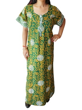 Mogul Womens Cotton Green Printed Maxi Caftan Sleepwear Cover Up Nightwear Holiday House Dress