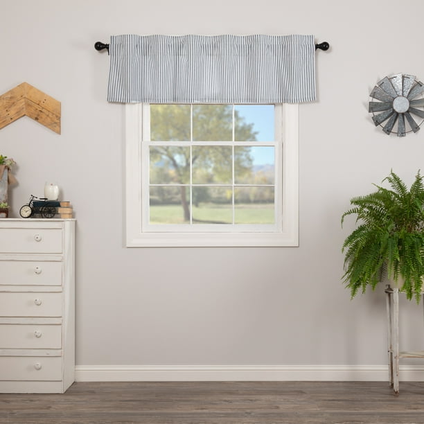 Denim Blue Farmhouse Kitchen Curtains Miller Farm Ticking Stripe Rod Pocket Cotton Hanging Loops Striped 16x60 Valance Com Denim Blue Farmhouse Kitchen Curtains, Gray Striped Kitchen Curtains