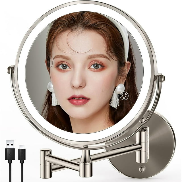 Rechargeable Wall Mounted Lighted Makeup Mirror DoubleSided /x Magnifying Mirror with Color Lights Vanity Mirror with DualTouch & Luminance Memory (Nickel)