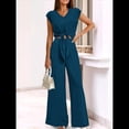 thumbnail image 4 of Conjunto de Chándal Informal de Verano de 2 Piezas para Mujer, con Cuello en V, Corta, Cinturón y Pantalones Anchos, 2025 Verde Oscuro XXL, 4 of 9
