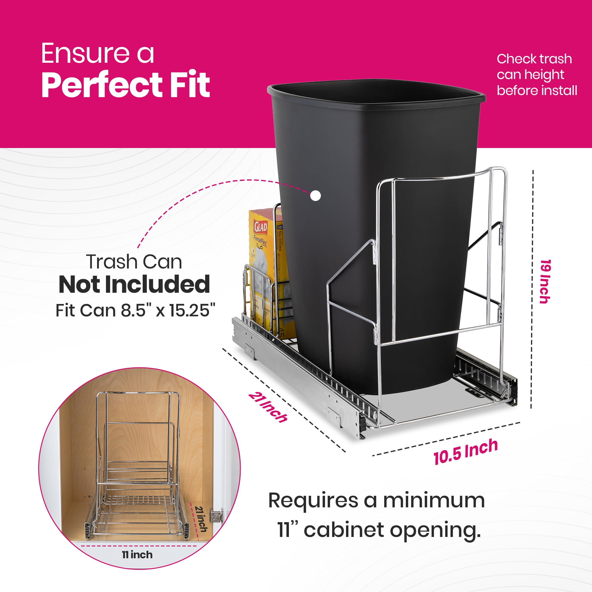 Pull Out Trash Can Under Cabinet - Adjustable, Heavy Duty, Anti Rust Chrome Finish -  Trash Can Not Included - Dedicated Space for Disposable Trash Bags, Requires a 11” Cabinet Opening,