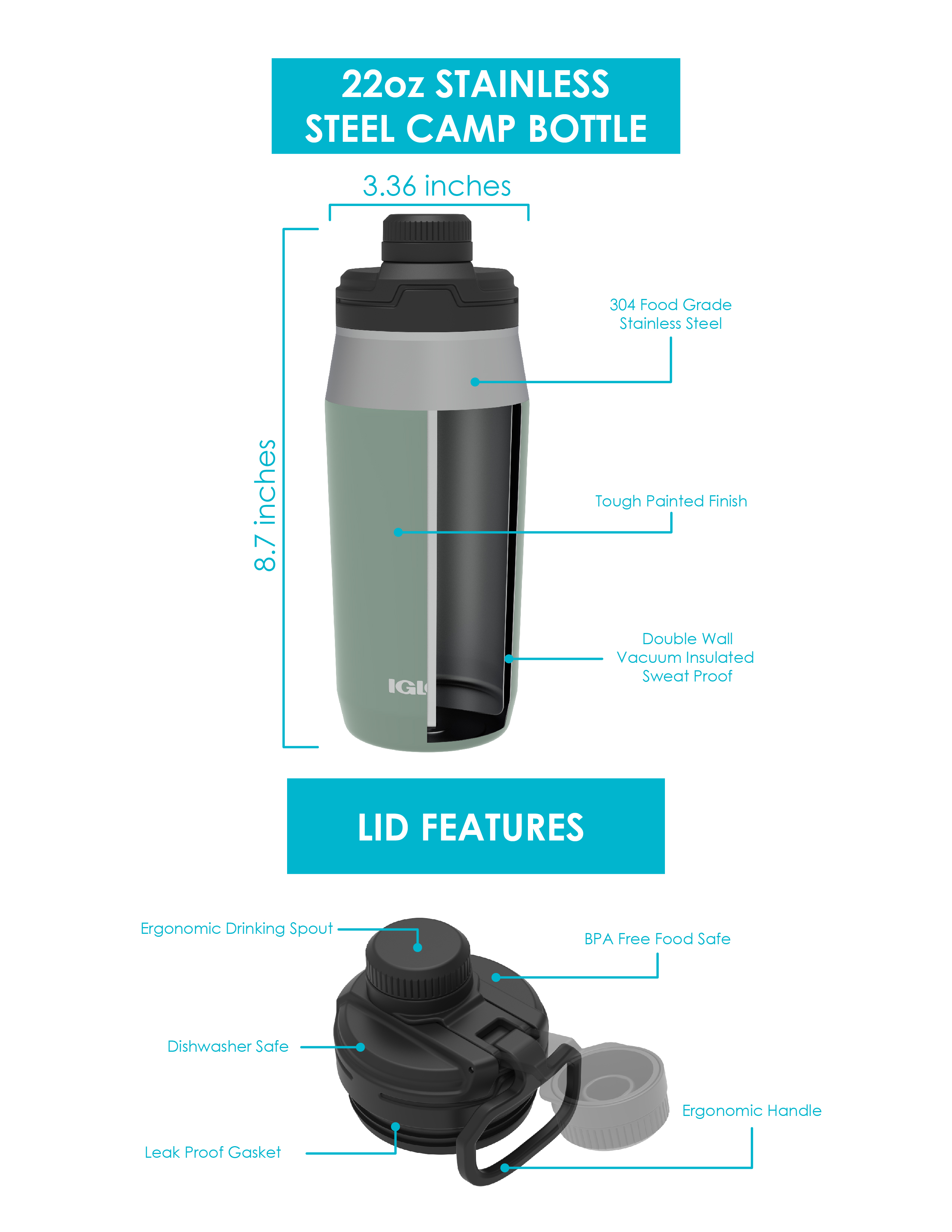 Igloo brand 22oz SS Water Bottle Ridgeline Cap,Green